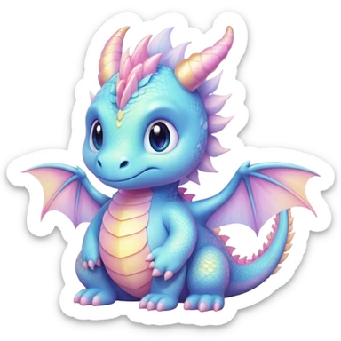 Cinematic fluffy pastel dragon, tiny round wings, chubby feet, sparkling gentle eyes, delicate glowing scales, soft colors blending magically, enchanting and whimsical. sticker