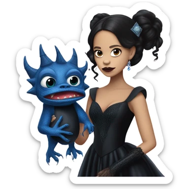 relaxed low-cut back silk black evening gown with lace gloves, Jenna Ortega as Addams woman prom queen wearing a mini diamond tiara, very large blood blue evil-looking horned old dragon hand puppet sticker