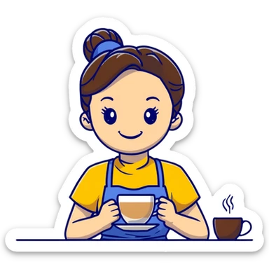 Cute brunette barista girl with hair in a bun wearing yellow shirt and dark blue apron, she's relaxed and making latte art, smiling at the coffee cup sticker