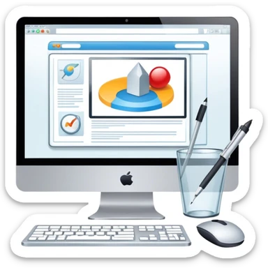 Modern icon for Web Design: computer screen with a website layout, design tools like a mouse and a stilus, web elements such as icons and wireframes. Transparent background. sticker