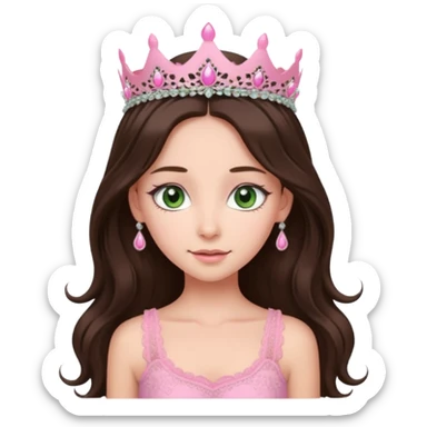 super long haired brunette with middle part cute pink lacy tank with a pink tiara on head, white but with a little bit of tan green eyes  sticker