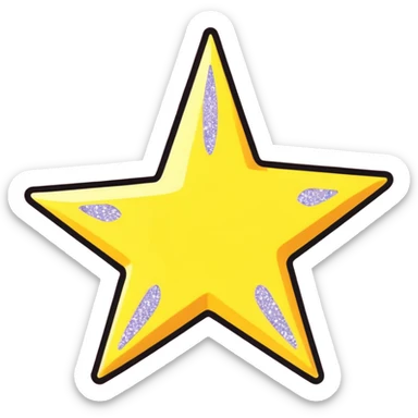 3D golden star with soft glow, five sharp symmetrical points, lots of glitter particles, cartoon style, friendly appeal, pastel yellow background, Pixar-inspired lighting sticker