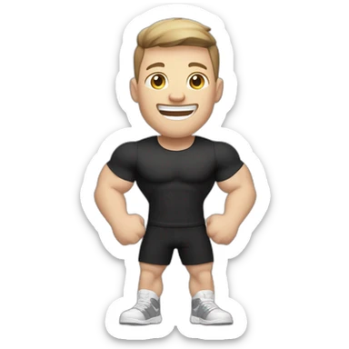 Joyful Celebrating victory Pale skinned Fit Man With the biceps and dark brown hair in black shirt, gray sports shorts and white Sneakers sticker