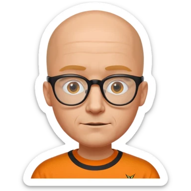 Derek, bald with black rimmed glasses, wearing an orange shirt with hornets written on the front in black with white trim sticker