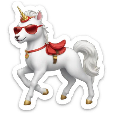 a cat with a red headband and sunglasses riding a unicorn sticker