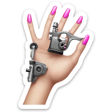 White girl hand with pink nails holding a tattoo machine sticker