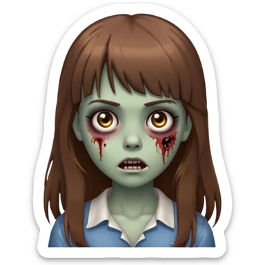 Zombie girl emoji with long brown hair, bangs, big black eyes sticker