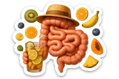 EMOJI STILE IPHONE DI INTESTINO UMANO REALISTICO CON CAPPELLO DI PAGLIA DA SPIAGGIA CHE BEVE UN Tè FREDDO IN BICCHIERE DI VETRO CON DENTRO  fette di cetriolo, limone, lime, DIETRO L'INTESTINO FLUTTUANO PEZZETTI DI Kiwi
Banana acerba
Arance e mandarini
Mirtilli
Ananas
Papaya
IPERREALISTICO 4K sticker