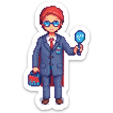 A secret agent holding a magnifying glass and code cards, spy theme, detective style, mysterious atmosphere, red and blue color scheme sticker