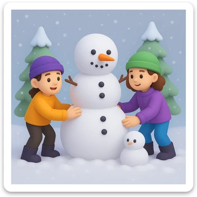 Show two different kids (different hair and clothing colors) building a snowman in a snowy background, keep the 3D emoji style sticker