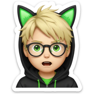 Cute chibi hacker boy emoji, blond messy hair, black glasses, black hoodie with neon green cat ears, wide glowing green eyes, shocked expression, open mouth, dramatic neon lighting, kawaii emoji style sticker