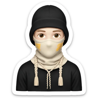 Ultra-detailed studio shot of a post-apocalyptic off-white balaclava — deconstructed, frayed, layered, with braided rope tassels and subtle embroidery. Minimalist white background, soft lighting, sharp focus. High-fashion streetwear aesthetic. The face of a person in a mask should not be visible sticker