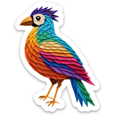 String art icon, large colorful bird in frontal view, geometric patterns made from threads, intricate design with pins on a board, vibrant colors, minimalistic style, clean lines, transparent background. sticker
