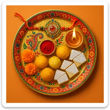 A decorative rakhi thali with traditional Indian motifs, including a rakhi, diya, sweets, and kumkum, vibrant and festive style sticker