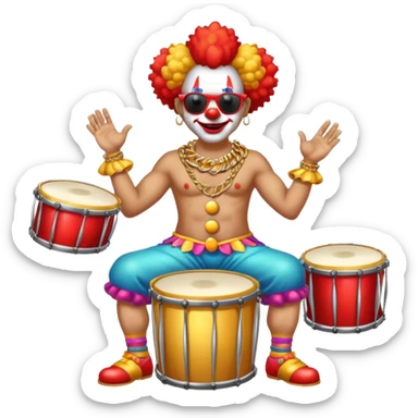 Clown with big golden chain on the neck wearing sunglasses plays drum kit full height sticker