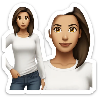 3/4 face, contrasted, shadow, light, Eva Longoria expression, standing from a distance, thin nose, brunette woman, hazel eyes, long eyelashes, dark shoulder shaded hair, white t-shirt, jeans, white sneakers sticker
