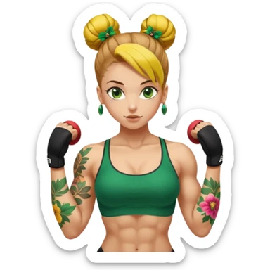 sexy and fit, well muscled torso and biceps, european sexy girl, nude body, yello-brown slavic hair in bun, sexy nude body, floral tattoes, green emerald eyes, doing sports sticker