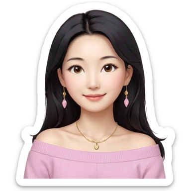 South Korean girl in her mid-thirties with long black hair and a middle part. She is wearing a baby pink, off the shoulder long sleeve knit sweater. She has small gold earrings and a gold necklace. She has brown eyes with narrow, mono lid shape and smiling with lips together sticker