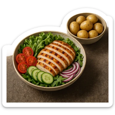 insalate con petto di pollo grigliato e bowl di patate cotte poggiate per terra, iperrealistico 4k sticker