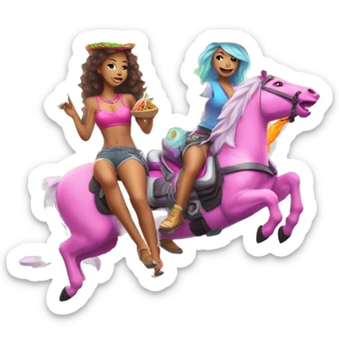 two women eating tacos while riding a unicorn surrounded by a neon heart that’s on fire sticker
