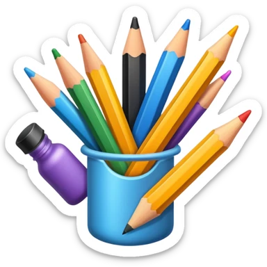 vibrant and detailed icon symbolizing cartooning. The design should feature elements like a pencil, a sketchpad with exaggerated caricatured faces or figures and artistic tools like ink bottles or markers. Use bold, bright colors to reflect the playful of caricature art. transparent background sticker
