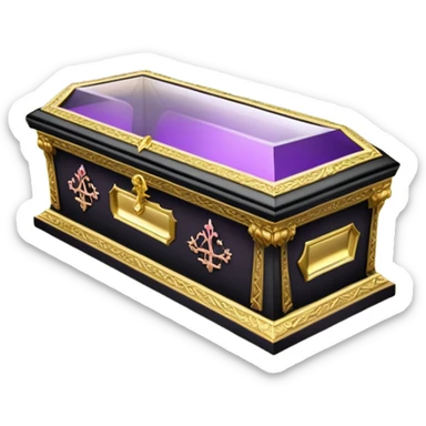 Snow White's coffin in the image is a highly symbolic piece, embodying both solemnity and fairytale charm. It is designed with a transparent glass lid, allowing a clear view of Snow White lying inside in her pure and untouched beauty. The frame around the lid and the base of the coffin is made of gold-colored metal, intricately carved in a Gothic style. Along the side of the coffin, the name “SNOW WHITE” is prominently displayed in ornate, medieval-style lettering, serving as an eternal tribute to the legendary character. The coffin is placed in a quiet forest clearing, resting on a bed of green grass and surrounded by clusters of colorful flowers—purple, pink, and white—which add a sacred and emotional atmosphere. The dwarfs stand nearby in silence, keeping watch and heightening the sense of reverence and sorrow. The entire design of the coffin harmoniously blends medieval artistry with mythical elements, honoring Snow White’s beauty while creating a legendary, fairytale-like setting. sticker