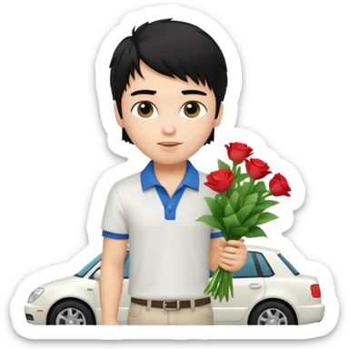 generate a pretty fair bratz boy with a messy mullet (black hair), wearing a white polo.  carrying a bouquet made of CASH. expensive car behind him sticker