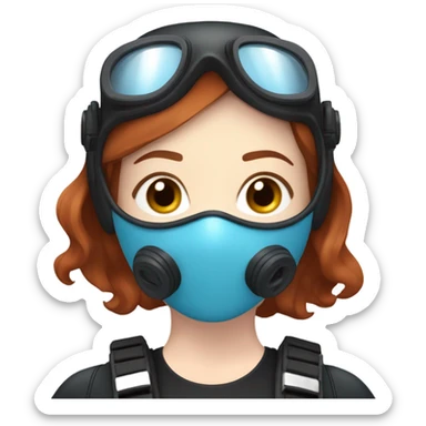 A young woman with red/ brown hair, blue eyes and pale skin in scuba diving gear with a light blue mask  sticker