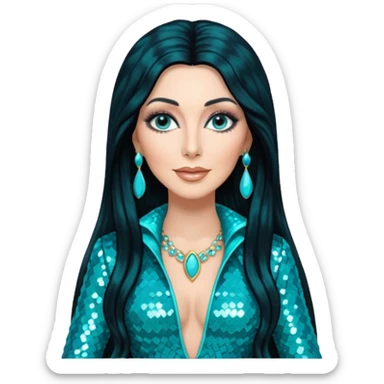 Cher, Goddess of Pop from Famous People with long jet black hair, turquoise sequin outfit sticker