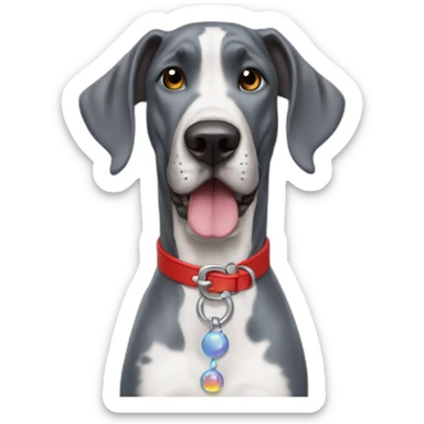 Great Dane, Blue, with red collar, happy, with a smile and bubble that reads”yes Please” sticker