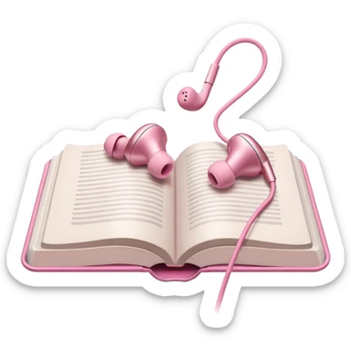  pink Pink Apple-style earbuds lying on an open book, soft pastel tones, cozy and minimal aesthetic, realistic lighting and shadows, top-down view, transparent background" sticker
