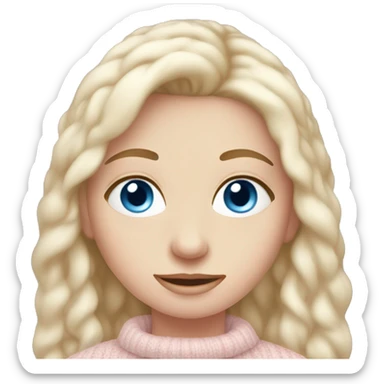 Pretty blue eyed white girl with light pink sweater reading cozy sticker