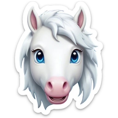 Cinematic Comical White Horse Portrait Emoji, Head tilted dramatically with an exaggeratedly amused expression, featuring a striking white fur with a glossy finish and wide, expressive blue eyes filled with playful disbelief, Simplified yet hilariously expressive features, highly detailed, glowing with a slightly sassy glow, high shine, dramatic yet playful, stylized with an air of cheeky mischief, bright and endearing, soft glowing outline, capturing the essence of a spirited and over-the-top horse, so meme-worthy it feels like it could side-eye its way into internet fame instantly! sticker