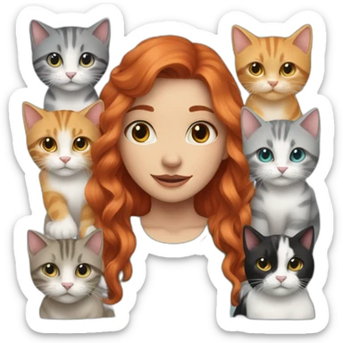 a red haired girl with aqua eyes surrounded by 9 cats of which  3 are black , 1 is white and grey , 5 are tabby grey sticker
