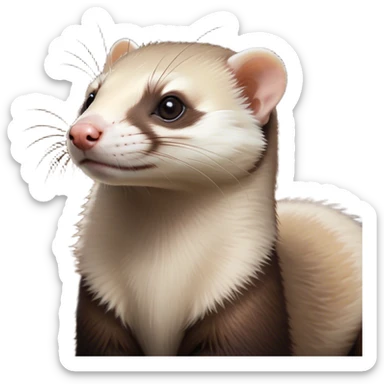 Cinematic Noble Ferret Portrait Emoji, Poised and dignified, with a sleek, elongated body and a distinct ferret head featuring a pointed snout, small, rounded ears, and intelligent, beady eyes, covered in soft, sleek fur with natural brown and cream hues, Simplified yet sharp and sophisticated features, highly detailed, glowing with a warm, natural glow, high shine, exuding an air of quiet confidence, focused and watchful, soft glowing outline, capturing the essence of a clever and majestic ferret that feels as though it could leap from the screen with effortless grace! sticker