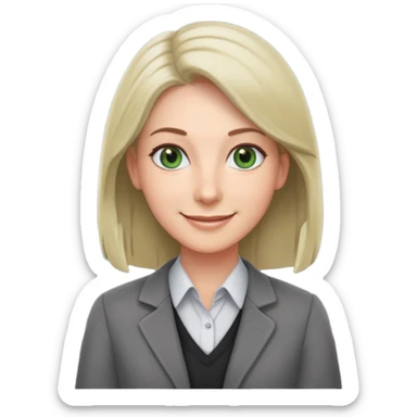 smiling English teacher with airtouch hair and grey-green eyes standing in front of a classroom with chalkboard sticker