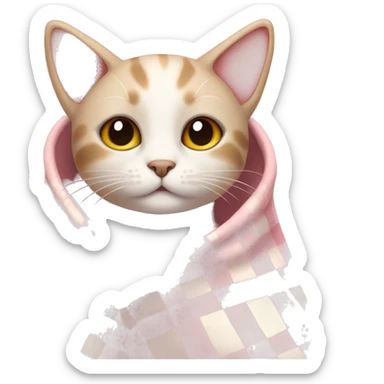 cat with a cozy light pink checkered blanket around it sticker