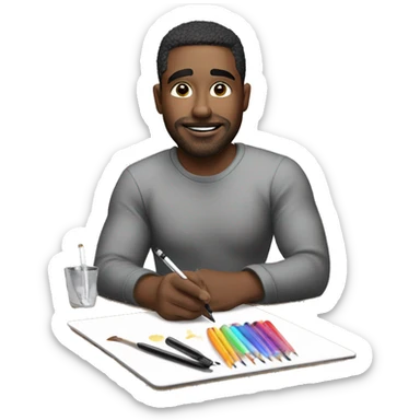 A man, drawing on an iPad with a stylus. , using the iPad placed on a table. with art tools like brushes and pencils around him. 🎨 sticker