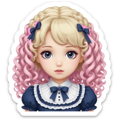 Pale girl with curly blonde-pink hair, grey eyes, doll-like makeup, wearing a navy lolita hime gyaru dress emoji. sticker