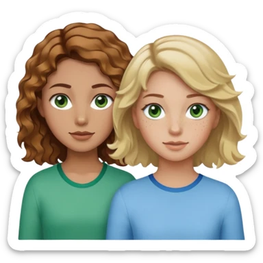 À girl with wavy brown hair, light tan skin and green eyes and freckles next to a girl with short blonde wavy hair, tan skin and light blue eyes sticker