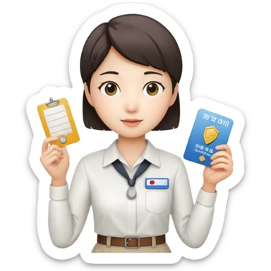 A Korean short-haired female tour guide is wearing a white shirt and holding her guide license in one hand, which is a horizontal card. sticker