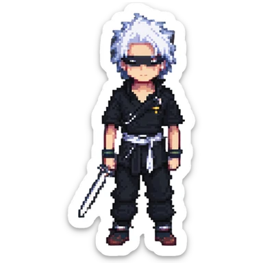 Gojo Satoru, pixel art style, white spiky hair, black blindfold, cool stance sticker