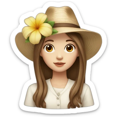 white skin, Girl with a flower in her hand, with a hat, shoulder-length brown straight hair sticker