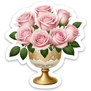 Delicate cluster of pale pink roses in a gold-rimmed glass vase, ivory lace underneath sticker