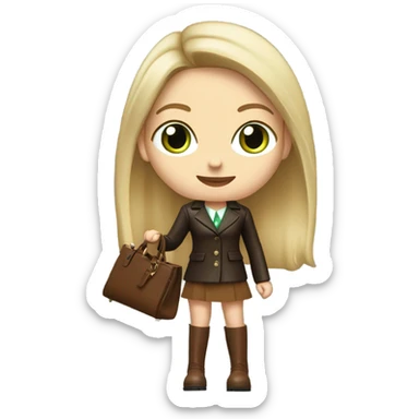 Realistic White woman with Long straight blonde hair and green eyes, dark Brown oversize leather blazer, mini skirt and Brown heeled leather boots, holding handbag sticker