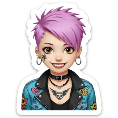 a punk girl with short dyed hair and wear a punk graffiti jacket with black choker grin playfully  sticker
