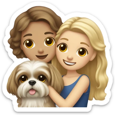 human girl with long wavy brunette hair hugging a blonde colored shih tzu girl with bow sticker