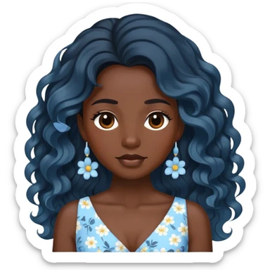 Black skin lady with black wavy long hair with a light blue flowered dress sticker