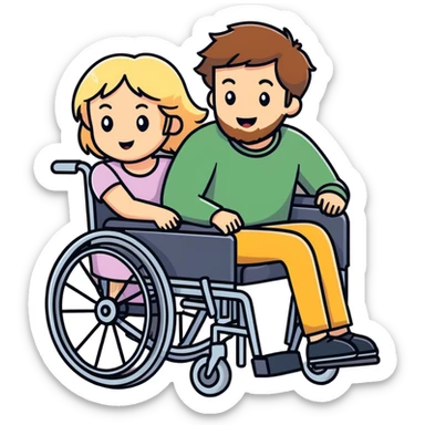 Brown haired bearded son in a wheelchair with blonde haired women pushing sticker