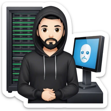 hackeur blanc cheveux noir barbe et capuche noir à côté d'un server ia sticker